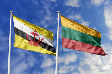 3d illustration. Brunei and Lithuania Flag waving in sky. High detailed waving flag. 3D render. Waving in sky. Flags fluttered in the cloudy sky.