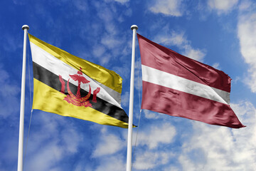 3d illustration. Brunei and Latvia Flag waving in sky. High detailed waving flag. 3D render. Waving in sky. Flags fluttered in the cloudy sky.