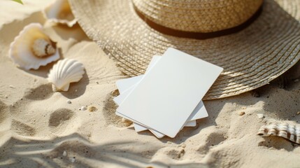 Beachside Branding Blank Business Cards in Tranquil Tropical Setting Travel Agency and Holiday Marketing Concept