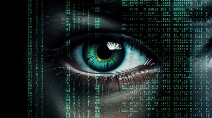  a man with enhanced cybernetic eyes scanning a complex data matrix 