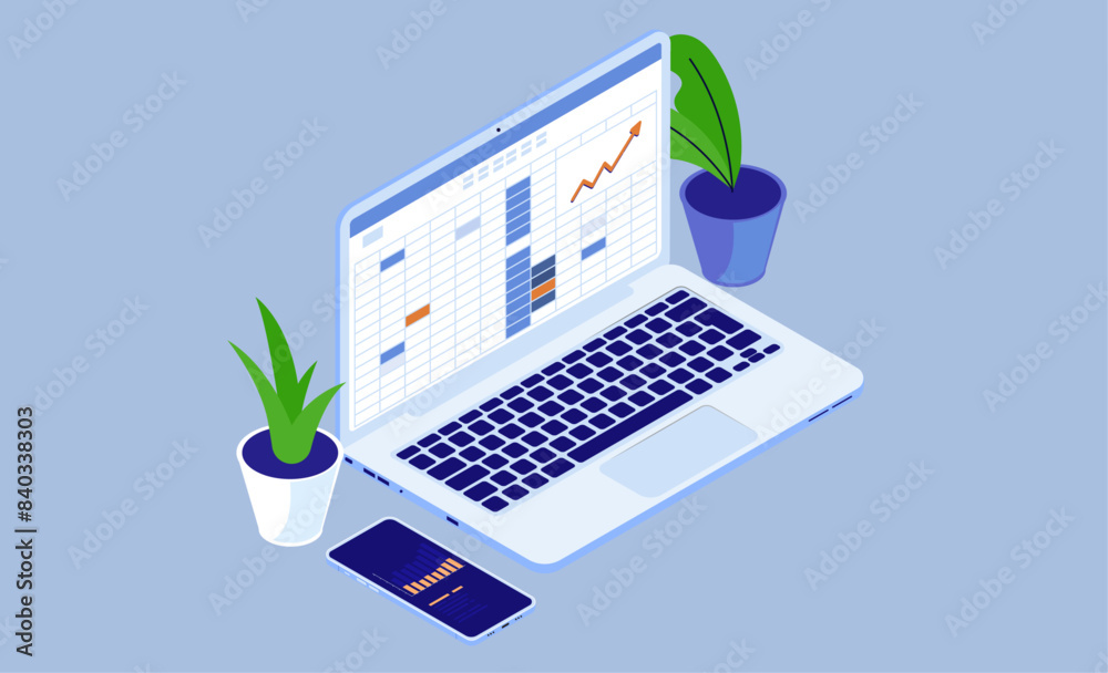 Poster spreadsheet on computer screen - laptop in isometric view with accounting and calculation software i