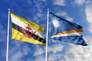 3d illustration. Brunei and Marshall Islands Flag waving in sky. High detailed waving flag. 3D render. Waving in sky. Flags fluttered in the cloudy sky.