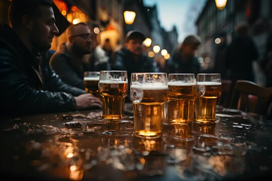 A group of people friends hold beer glasses while sharing a mug at bar or pub, oktoberfest, cheers, AI Generative.