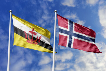 3d illustration. Brunei and Norway Flag waving in sky. High detailed waving flag. 3D render. Waving in sky. Flags fluttered in the cloudy sky.