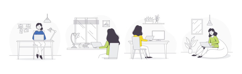 Freelance Remote Working Young Woman with Laptop Outline Vector Set