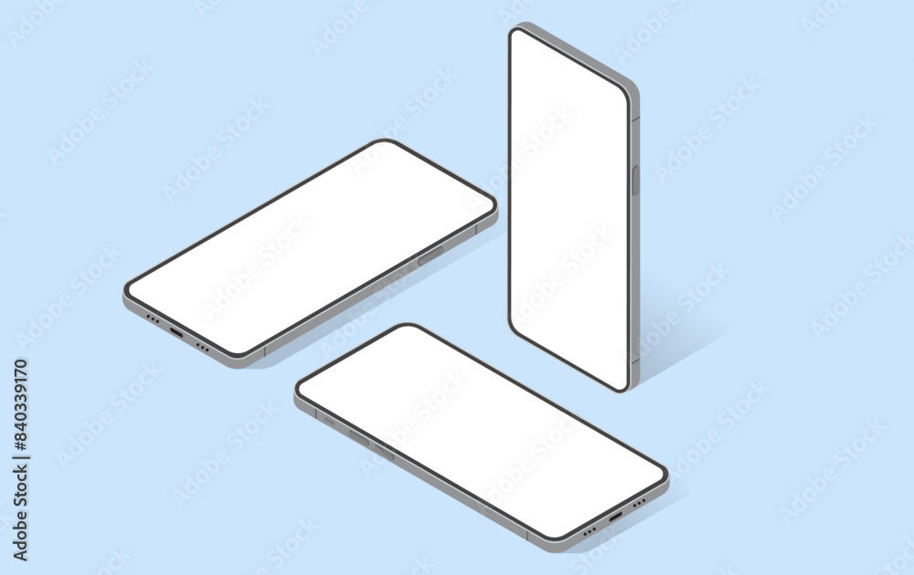 Aufkleber Isometric mobile phones vector mockup - Template Illustration of unbranded smartphones in various angles with blank empty white screen on blue background