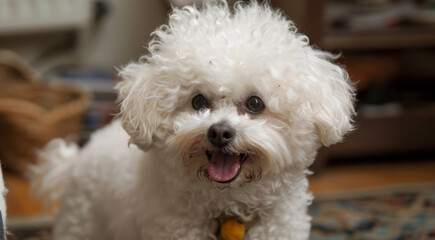 a small, white dog with a collar standing on a colorful rug in a living room.