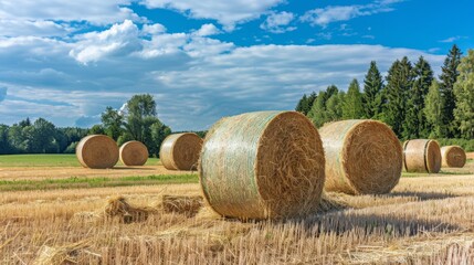 ield of round hay bales on sunny day with trees in background