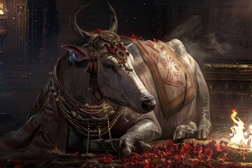 Decorated Sacred Cow by Fire in Temple