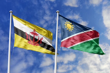 3d illustration. Brunei and Namibia Flag waving in sky. High detailed waving flag. 3D render. Waving in sky. Flags fluttered in the cloudy sky.