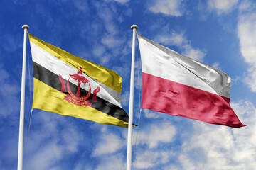 3d illustration. Brunei and Poland Flag waving in sky. High detailed waving flag. 3D render. Waving in sky. Flags fluttered in the cloudy sky.