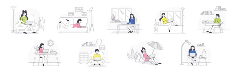 Freelance Remote Working Young Man and Woman with Laptop Outline Vector Set