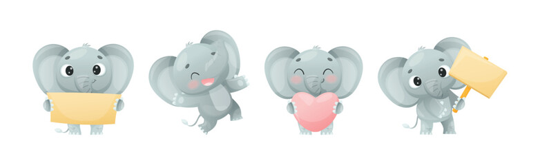 Funny Grey Elephant with Large Ear Flaps and Trunk Enjoying Different Activity Vector Set