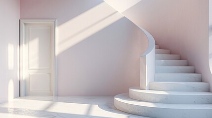 Elegant Minimalist Interior with Curved Staircase and Soft Natural Light in Modern Home Design