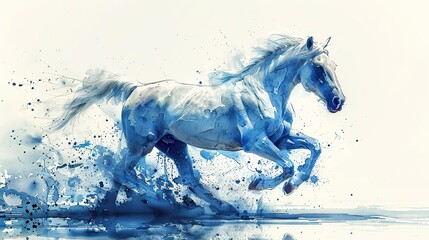 a white horse painted in blue colors on a white background in watercolor.stock image