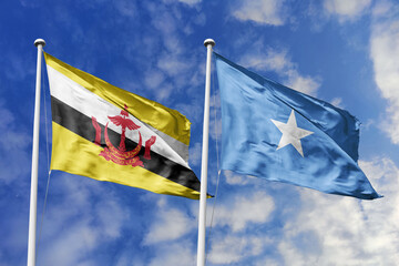 3d illustration. Brunei and Somalia Flag waving in sky. High detailed waving flag. 3D render. Waving in sky. Flags fluttered in the cloudy sky.