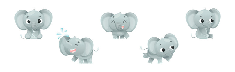 Funny Grey Elephant with Large Ear Flaps and Trunk Enjoying Different Activity Vector Set