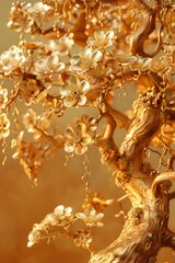 Obraz premium Opulent Gilded Tree with Sumptuous Metallic Foliage and Ornamental Hanging Treasures in Charming Wildlife Vignette