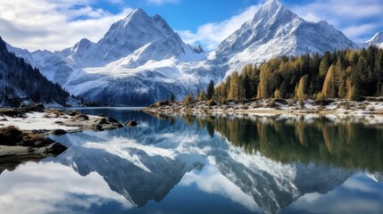 mountain lake reflecting the snow-capped peaks that surround it, 