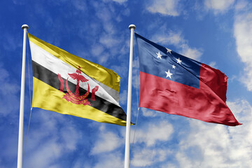 3d illustration. Brunei and Samoa Flag waving in sky. High detailed waving flag. 3D render. Waving in sky. Flags fluttered in the cloudy sky.