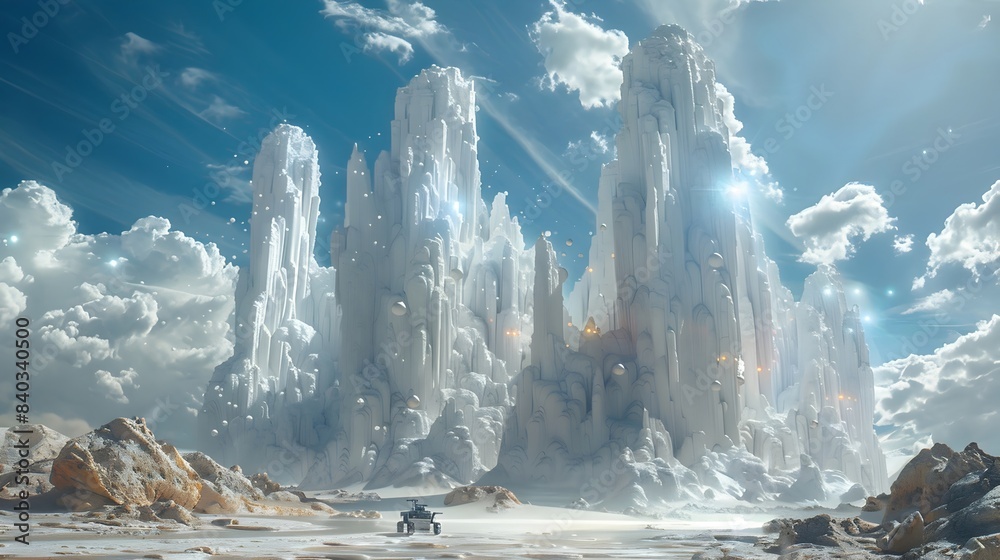 Wall mural Otherworldly Alien Landscape with Towering Crystalline Formations and Glowing Orbs