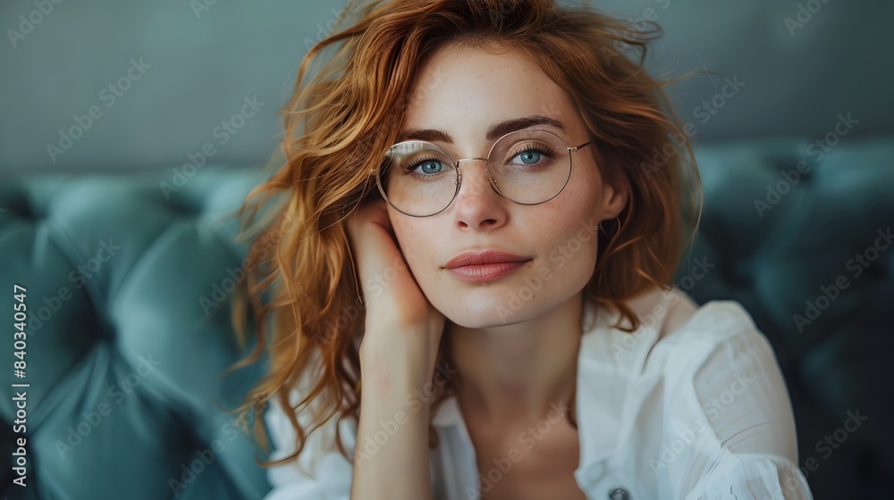 Sticker pensive mid-length portrait of a woman transiently looking at her glasses with a muted color backdro