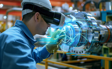 An engineer using augmented reality glasses to inspect machinery in a factory, showcasing the application of advanced technology in manufacturing.