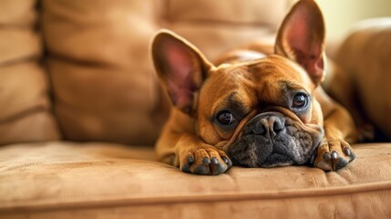 a brown French Bulldog sprawled on its back on top of a beige couch.