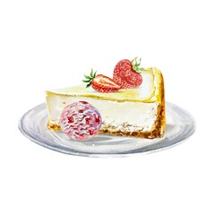 Cheesecake with strawberries, a scoop of ice cream on a saucer Watercolor illustration on white background Birthday cards, invitations, menus, posters