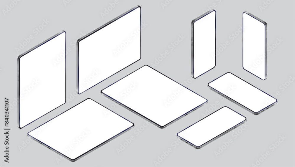 Leinwandbilder Isometric phones and tablet mockup - Vector template of devices with blank empty white screen in various angles. Website and app presentation concept