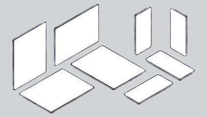 Isometric phones and tablet mockup - Vector template of devices with blank empty white screen in various angles. Website and app presentation concept