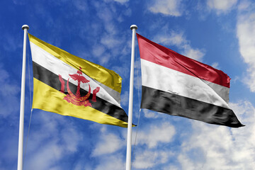 3d illustration. Brunei and Yemen Flag waving in sky. High detailed waving flag. 3D render. Waving in sky. Flags fluttered in the cloudy sky.