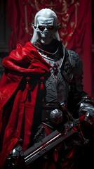 Naklejka premium Regal Vampire Lord in Foreboding Gothic Armor Brandishing Glaive Weapon with Crimson Eyes