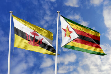 3d illustration. Brunei and Zimbabwe Flag waving in sky. High detailed waving flag. 3D render. Waving in sky. Flags fluttered in the cloudy sky.