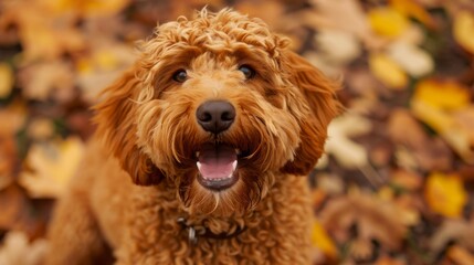 Fototapeta premium A friendly Golden Doodle brown dog sitting in a pile of yellow and orange leaves