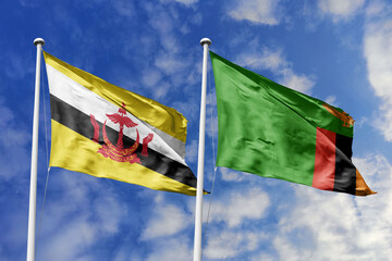 3d illustration. Brunei and Zambia Flag waving in sky. High detailed waving flag. 3D render. Waving...