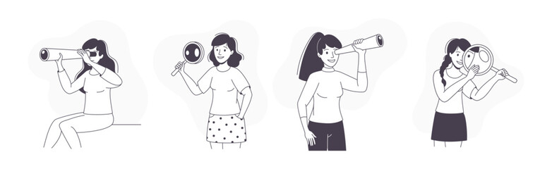 Woman Character with Telescope and Magnifying Glass Looking in Future Vector Set
