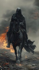 Fototapeta premium Shadowy Harbinger Rides Fiery Steed Through Ravaged Wasteland,Harbinger of the End
