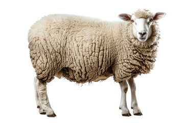 Obraz premium A sheep isolated on transparent background, showcasing its thick wool and curious expression, perfect for farm and livestock themes.