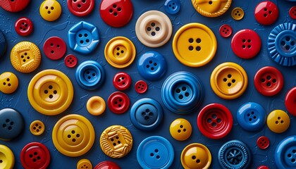 Fototapeta premium Colorful Assortment of Vintage Buttons on Blue Background - Red, Yellow, and Blue Buttons in Various Sizes and Designs