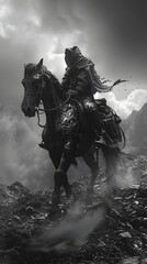 Naklejka premium Skeletal Death Personification Sweeping Across a Desolate Monochrome Landscape on Horseback