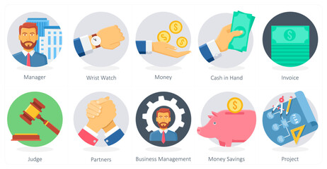 Fototapeta premium A set of 10 Business icons as manager, wrist watch, money