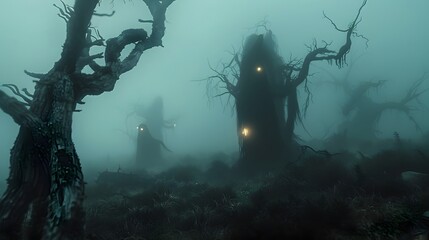 Spectral Banshee Apparitions Drift Through Gloomy Fog-Bound Field Surrounded by Gnarled Trees