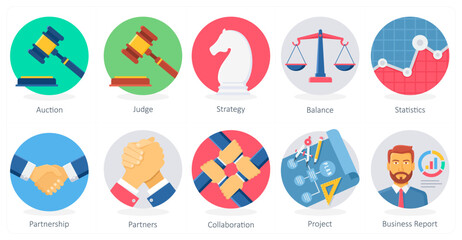 A set of 10 Business icons as auction, judge, strategy