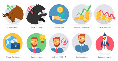 A set of 10 Business icons as bull market, bear market, investment