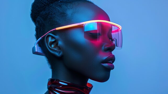 Futuristic portrait of a woman wearing neon glasses with colorful lighting, showcasing modern fashion and technology in a vibrant setting.