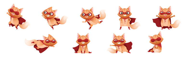 Ginger Cat Superhero Character Wearing Red Cloak and Mask Vector Set
