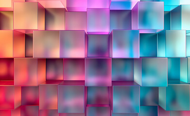 An array of transparent, multicolored square blocks arranged in a grid pattern, creating a vibrant and visually appealing design.