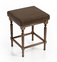 Vintage wooden stool decorated with brown leather isolated on white background. 3D illustration