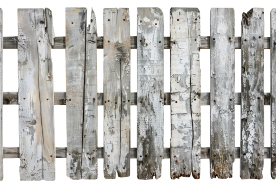 Weathered wooden fence panels with peeling paint, showing rustic and old-aged charm. Perfect for textures, backgrounds or vintage aesthetics.